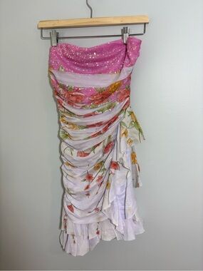 Y2K Pink Sequin Floral Strapless Ruched Mini Dress Fairycore Prom Vintage S